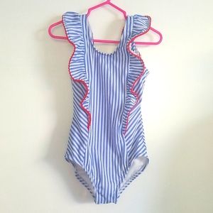 2/$20 Cat & Jack White and Blue Stripes Ruffled One-Piece Swimsuit Size XS 4/5Y